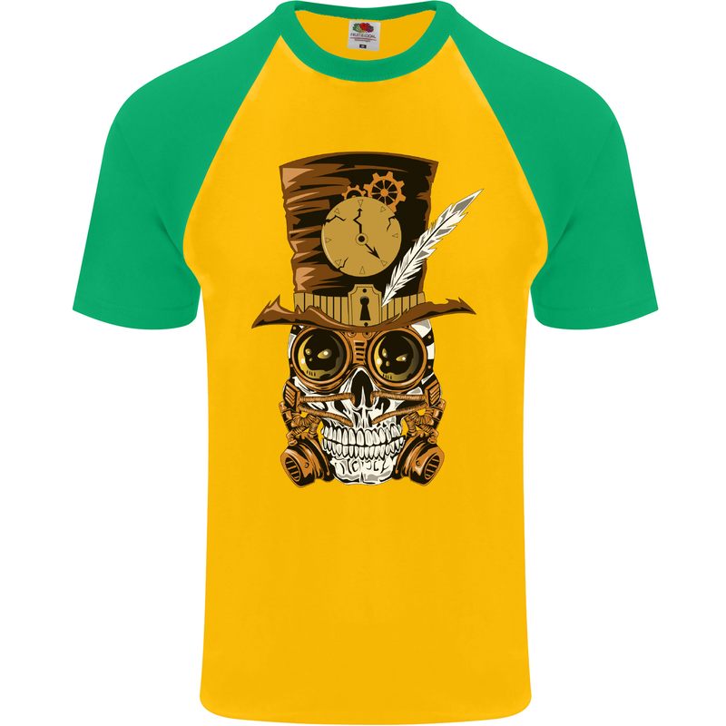 Steampunk Skull Mens S/S Baseball T-Shirt Gold/Green