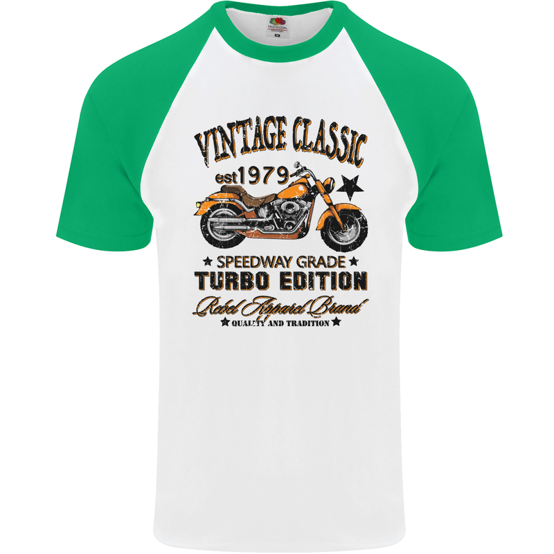 Vintage Classic Motorcycle Motorbike Biker Mens S/S Baseball T-Shirt White/Green