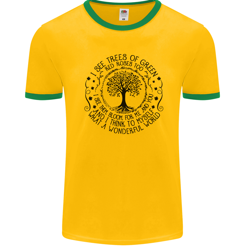Trees What a Wonderful World Environment Mens Ringer T-Shirt FotL Gold/Green
