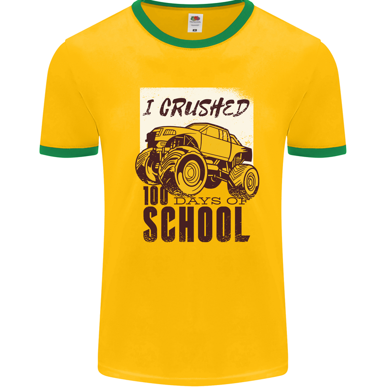 I Crushed 100 Days of School Monster Truck Mens White Ringer T-Shirt Gold/Green