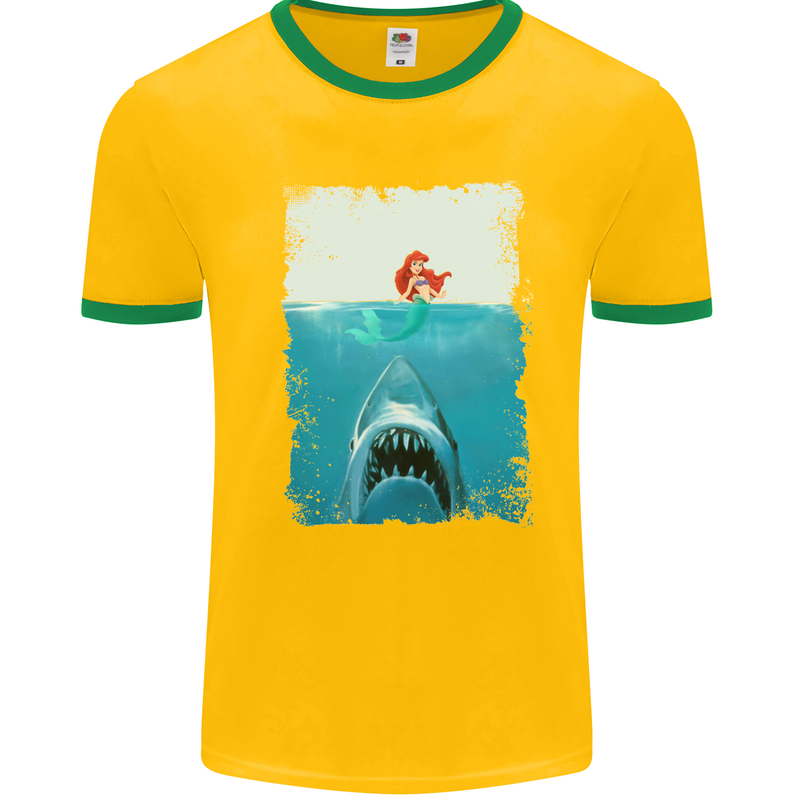 Funny Shark Parody Scuba Diving Fishing Mens White Ringer T-Shirt Gold/Green