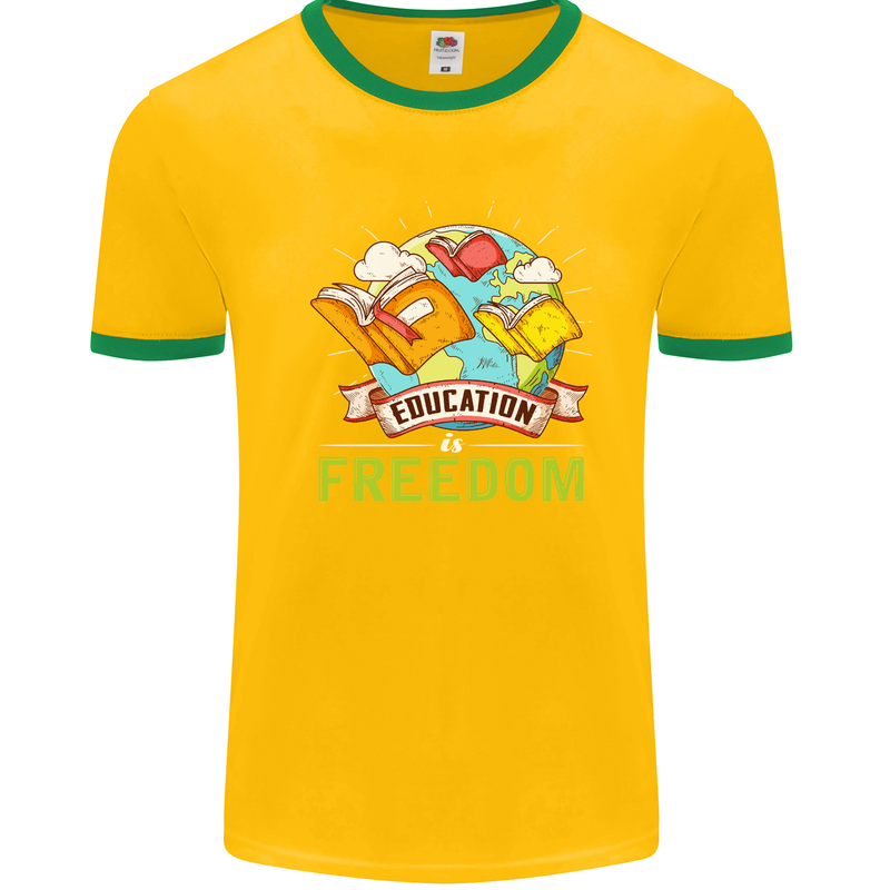 Education Is Freedom Teaching Teacher Mens White Ringer T-Shirt Gold/Green