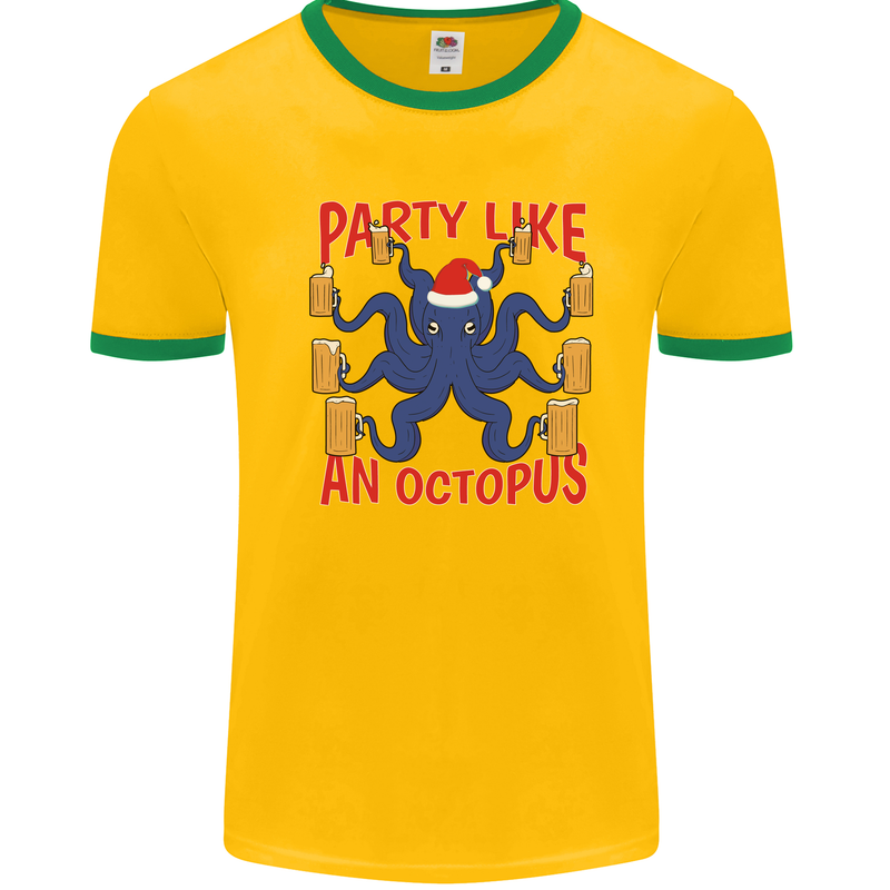 Beer Party Octopus Christmas Scuba Diving Mens White Ringer T-Shirt Gold/Green