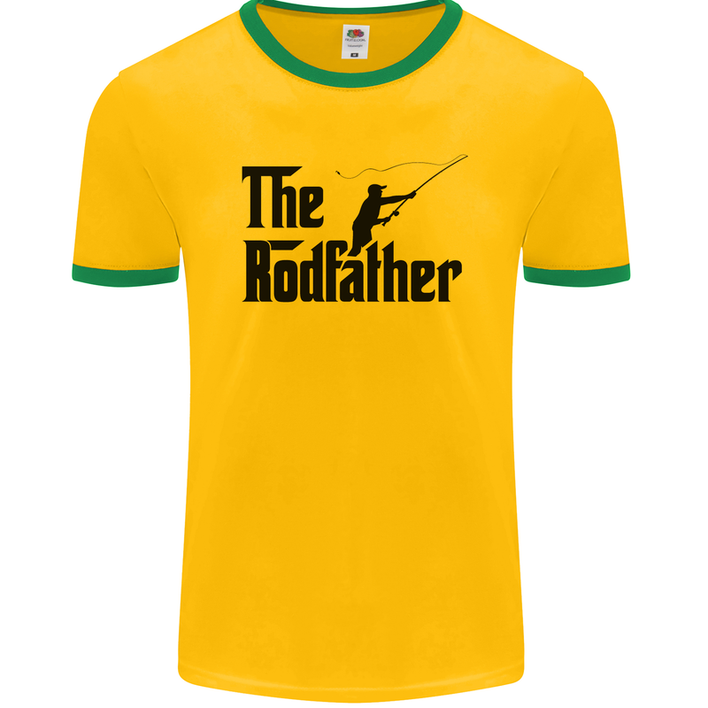 The Rodfather Funny Fishing Rod Father Mens Ringer T-Shirt FotL Gold/Green