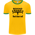 Behind Bars That's How I Roll Cycling Mens White Ringer T-Shirt Gold/Green