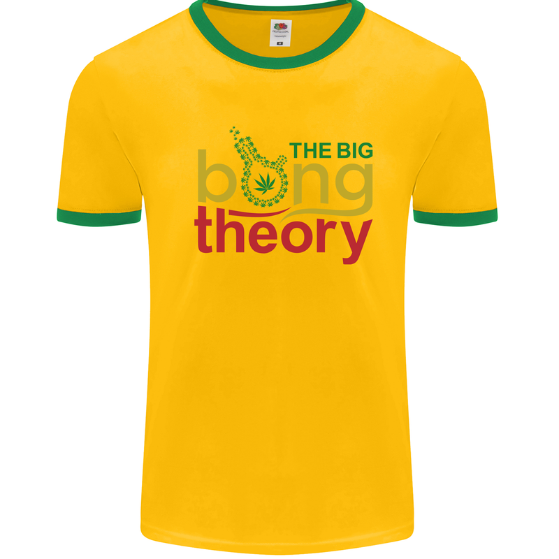 The Big Bong Theory Funny Weed Cannabis Mens White Ringer T-Shirt Gold/Green