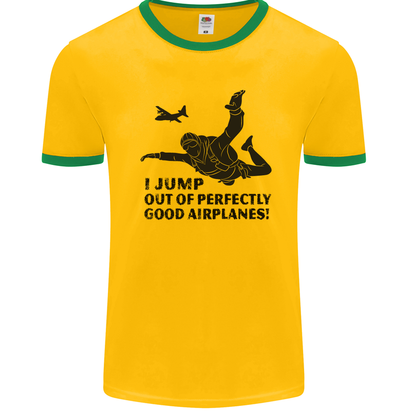 I Jump out of Good Airplanes Para Skydiving Mens Ringer T-Shirt FotL Gold/Green