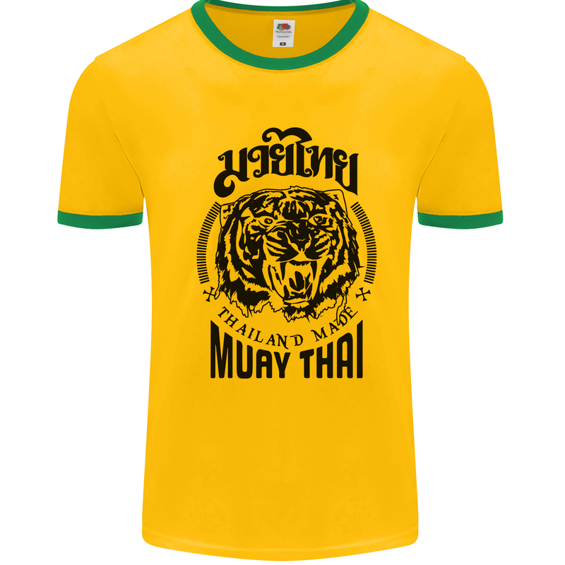 Muay Thai Fighter Warrior MMA Martial Arts Mens White Ringer T-Shirt Gold/Green