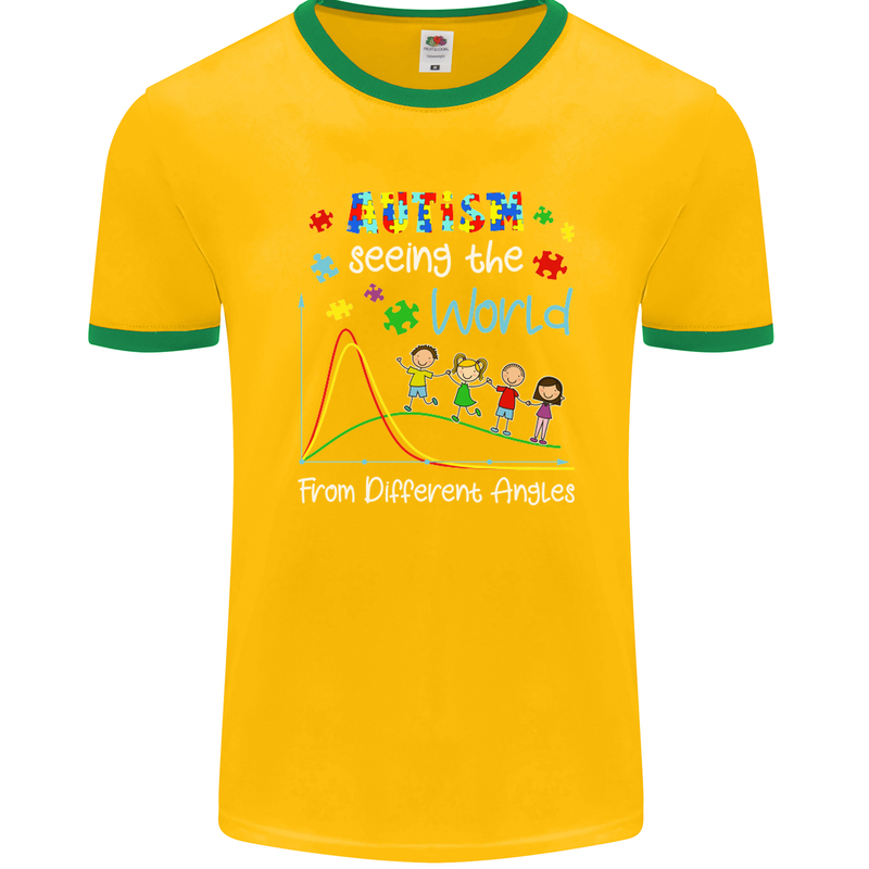Autism World From Different Angles Autistic Mens Ringer T-Shirt FotL Gold/Green