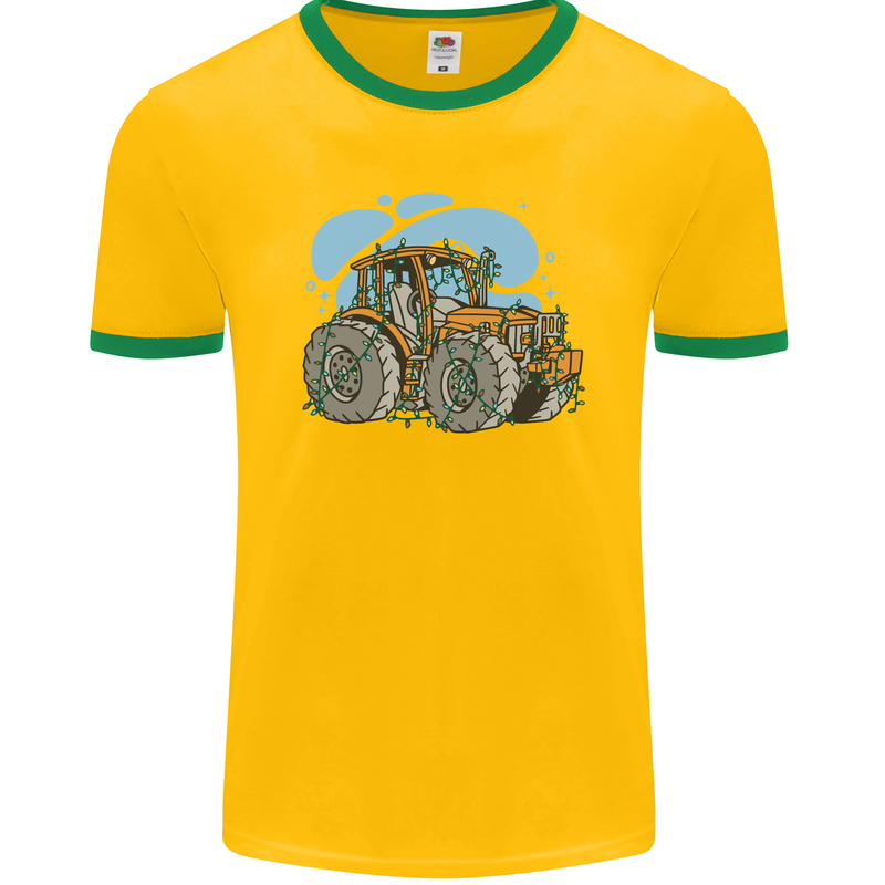 Xmas Tractor Farming Farmer Christmas Mens Ringer T-Shirt FotL Gold/Green