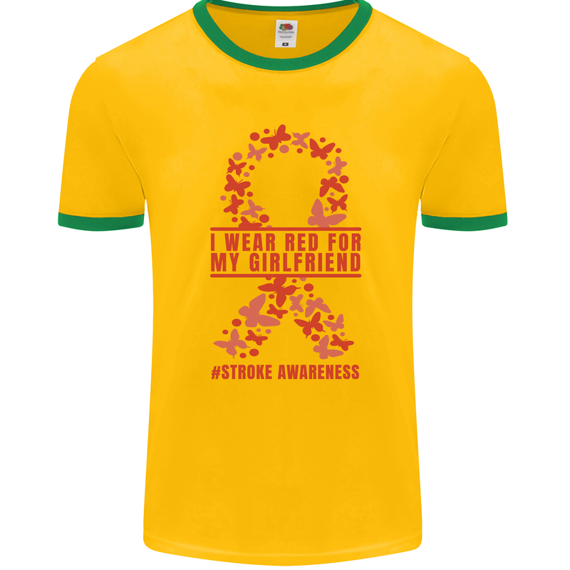 Wear Red For My Girlfriend Stroke Awareness Mens Ringer T-Shirt FotL Gold/Green