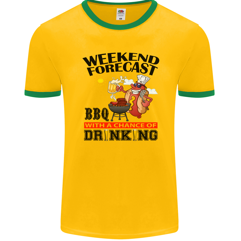 BBQ Weekend Forecast BBQing Alcohol Beer Mens Ringer T-Shirt FotL Gold/Green