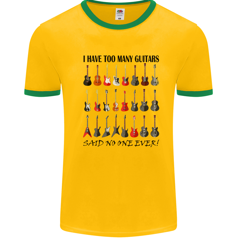 I Have Too Many Guitars Funny Guitarist Mens White Ringer T-Shirt Gold/Green