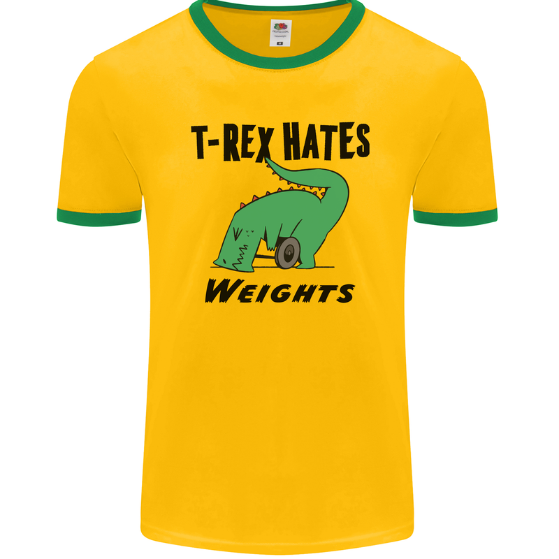 T-Rex Hates Weights Funny Gym Workout Mens Ringer T-Shirt FotL Gold/Green