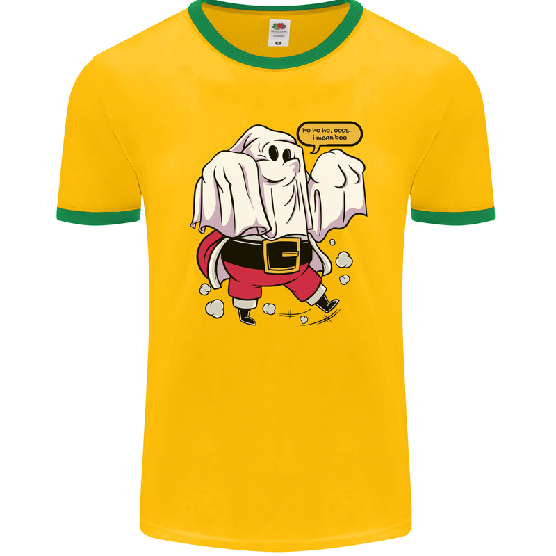 Funny Santa Ghost Christmas Halloween Mens Ringer T-Shirt FotL Gold/Green