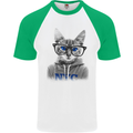 New York City Cat With Glasses Mens S/S Baseball T-Shirt White/Green