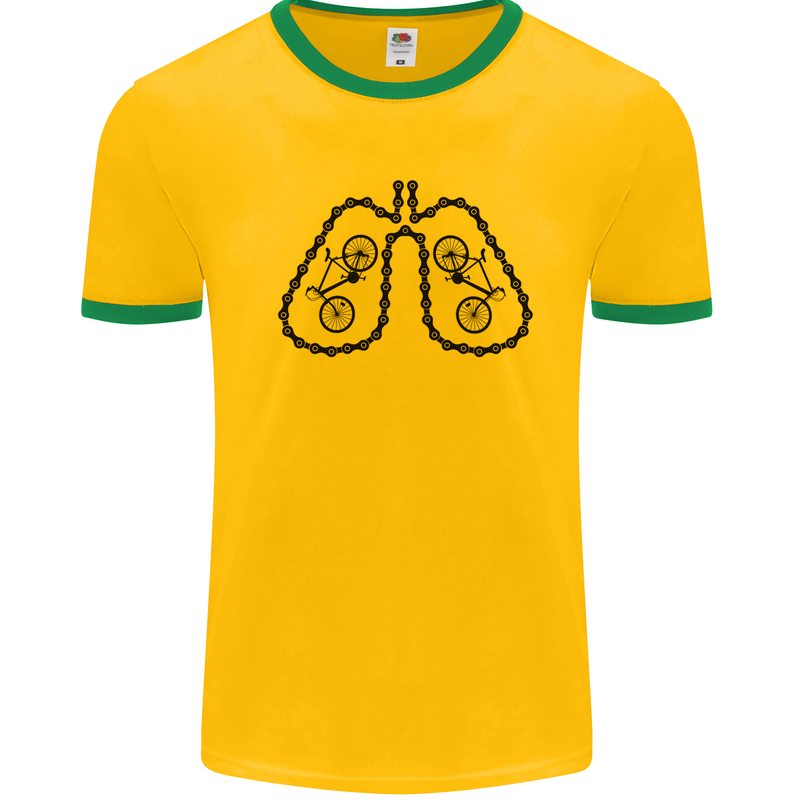 Bicycle Lungs Funny Cycling Bike Cyclist Mens White Ringer T-Shirt Gold/Green