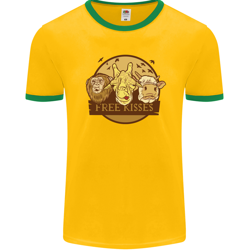 Free Kisses Animals Cow Monkey Giraffe Mens Ringer T-Shirt FotL Gold/Green