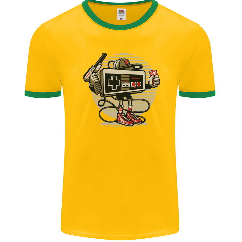 Let's Play Funny Gamer Gaming Mens Ringer T-Shirt FotL Gold/Green