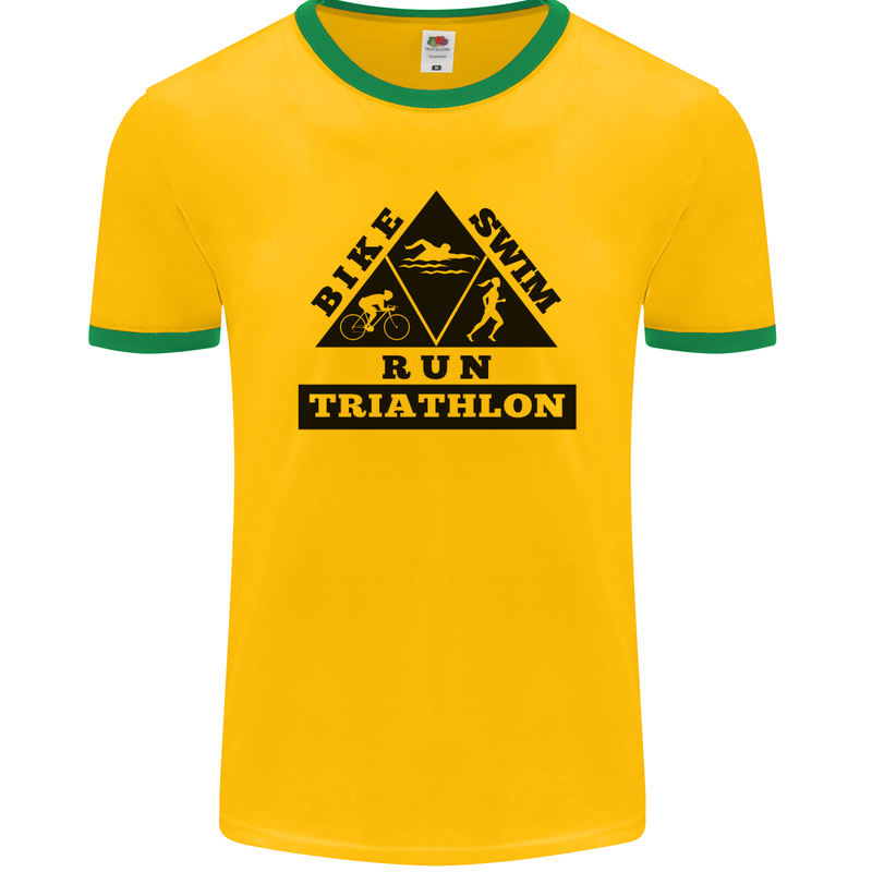 Triathlon Triangle Running Swimming Cycling Mens Ringer T-Shirt FotL Gold/Green