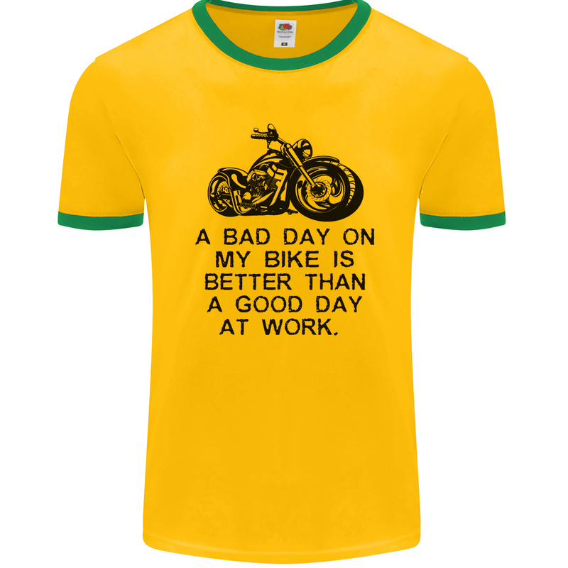 A Bad Day on My Bike Motorbike Biker Mens Ringer T-Shirt FotL Gold/Green