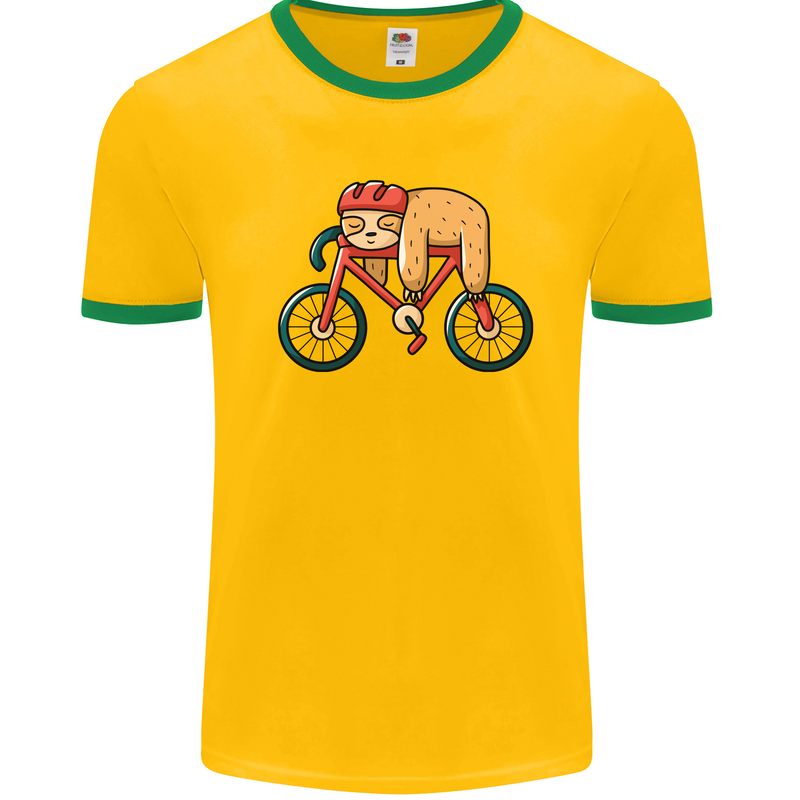 Cycling Sleeping Sloth Bicycle Cyclist Mens White Ringer T-Shirt Gold/Green