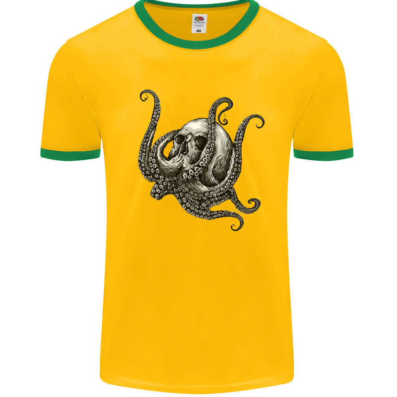 Cthulhu Skull Mens White Ringer T-Shirt Gold/Green