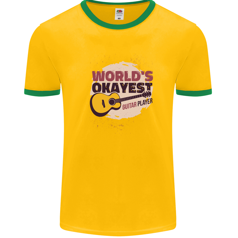 World's Okayest Guitar Player Funny Mens White Ringer T-Shirt Gold/Green