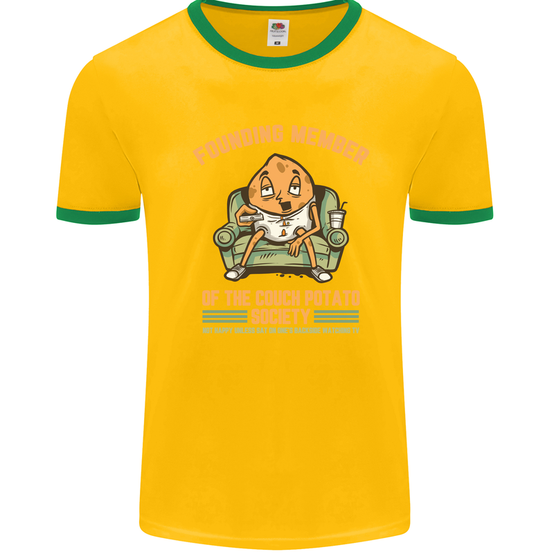 Funny Lazy Couch Potato Watchng TV & Movies Mens White Ringer T-Shirt Gold/Green