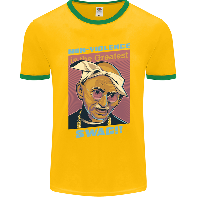 Ghandi Parody Gangsta Rap Music Hip Hop Mens Ringer T-Shirt FotL Gold/Green