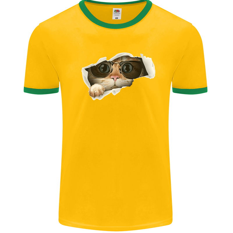 A Funny Cat Peeking From a Ripped Top Mens White Ringer T-Shirt Gold/Green