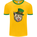 St Patricks Day Cat Funny Irish Mens White Ringer T-Shirt Gold/Green