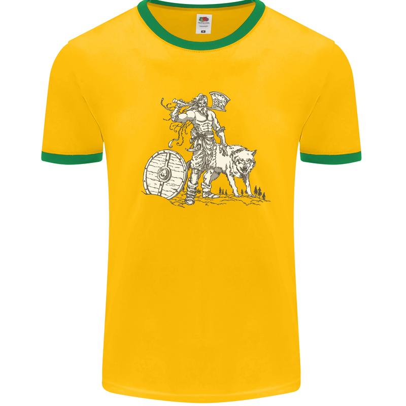 Viking With a Wolf and Shield Thor Valhalla Mens White Ringer T-Shirt Gold/Green