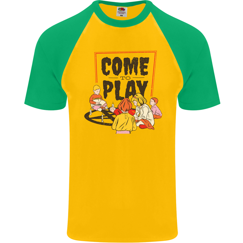 Come to Play Lets Summon Demons Ouija Board Mens S/S Baseball T-Shirt Gold/Green