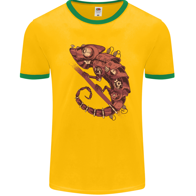 Steampunk Chameleon Iguana Reptile Lizard Mens White Ringer T-Shirt Gold/Green