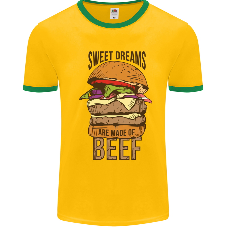 Food Sweet Dreams Beef Funny Chef BBQ Cook Mens White Ringer T-Shirt Gold/Green