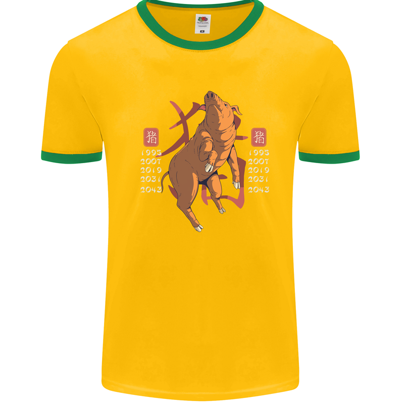 Chinese Zodiac Shengxiao Year of the Pig Mens White Ringer T-Shirt Gold/Green