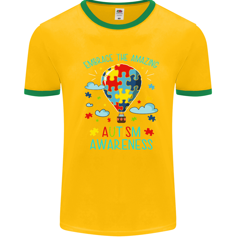 Autism Awareness Embrace Amazing Autistic Mens White Ringer T-Shirt Gold/Green