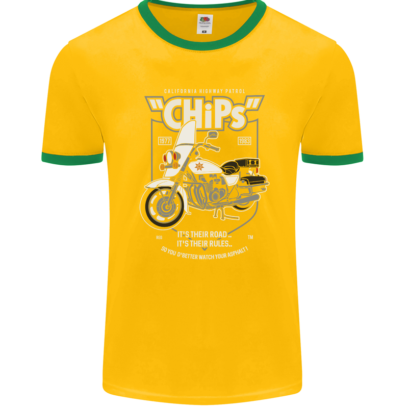 Chips Police Motorcycle Drama Motorbike Mens Ringer T-Shirt FotL Gold/Green