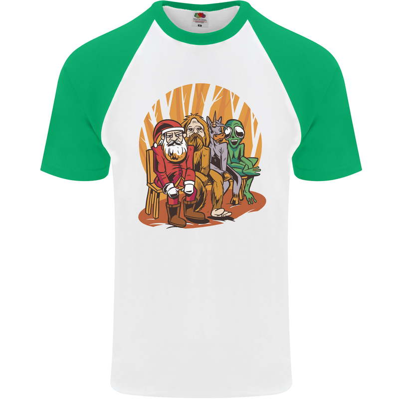 Christmas Santa Claus Bigfoot Unicorn Alien Mens S/S Baseball T-Shirt White/Green