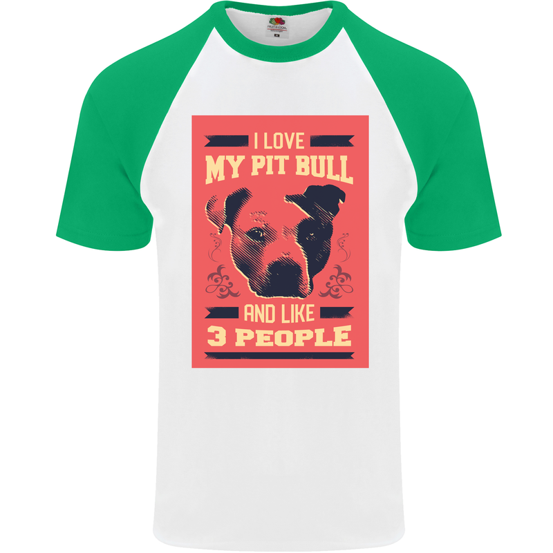 I Love My Pitbull & 3 People Funny Mens S/S Baseball T-Shirt White/Green
