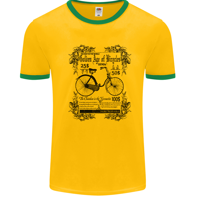 The Golden Age of Bicycles Cyclist Cycling Mens White Ringer T-Shirt Gold/Green