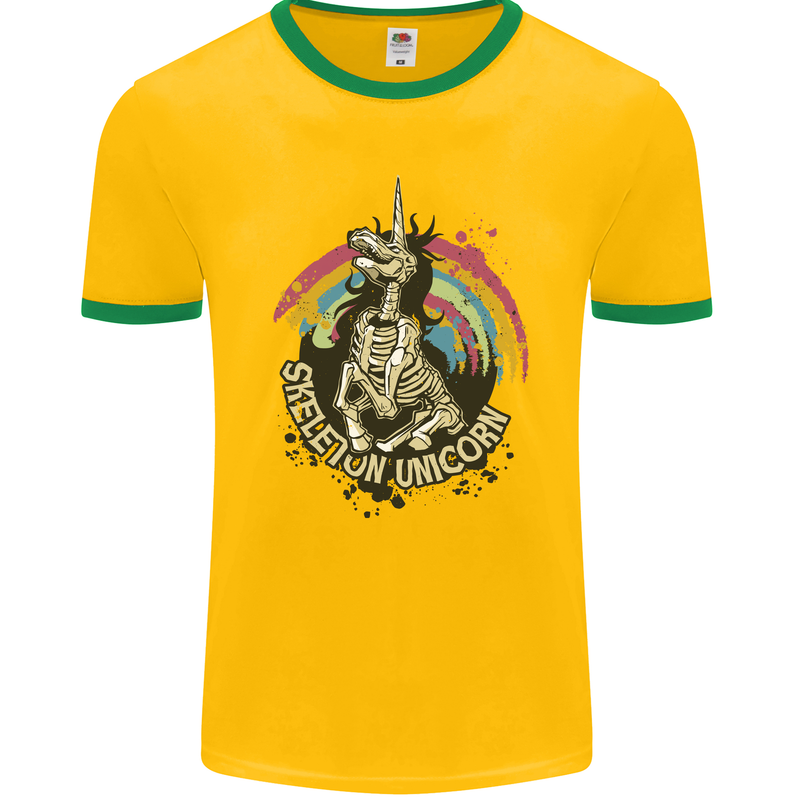 Skeleton Unicorn Skull Heavy Metal Rock Mens Ringer T-Shirt FotL Gold/Green
