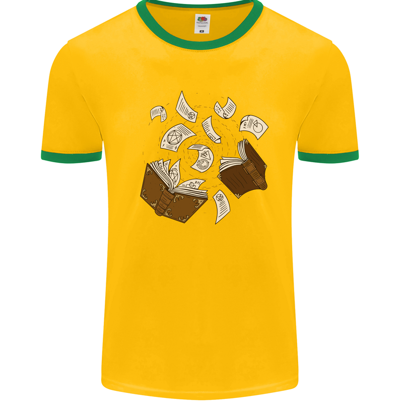 Spell Book Magic Magician Magical Mens White Ringer T-Shirt Gold/Green