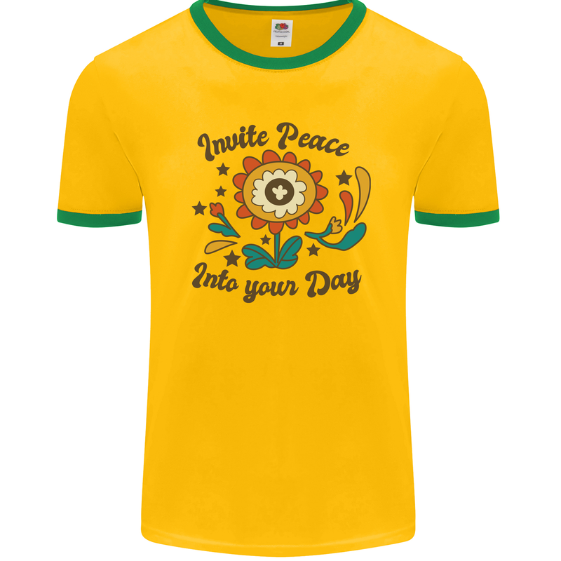 Invite Peace Into Your Day Hippy Love 60's Mens Ringer T-Shirt FotL Gold/Green