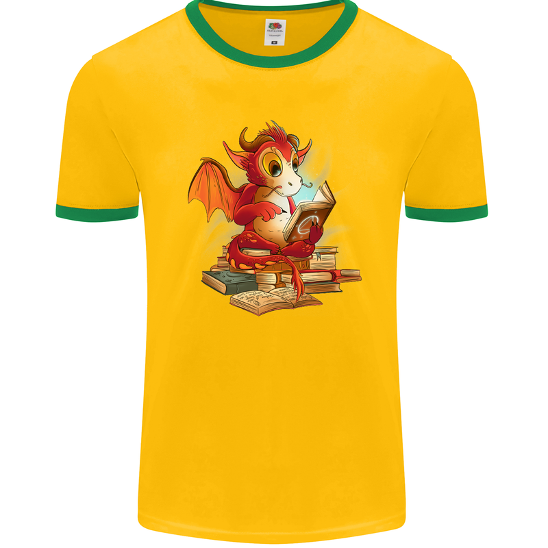 A Book Reading Dragon Bookworm Fantasy Mens Ringer T-Shirt FotL Gold/Green