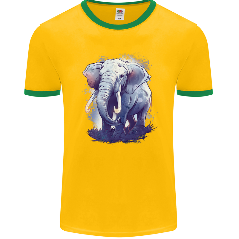 An Elephant Watercolour Mens Ringer T-Shirt FotL Gold/Green