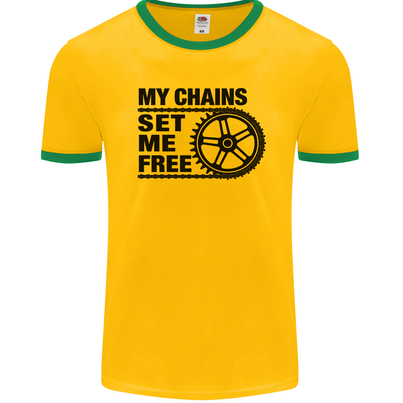 My Chains Set Me Free Cycling Cyclist Bike Mens Ringer T-Shirt FotL Gold/Green