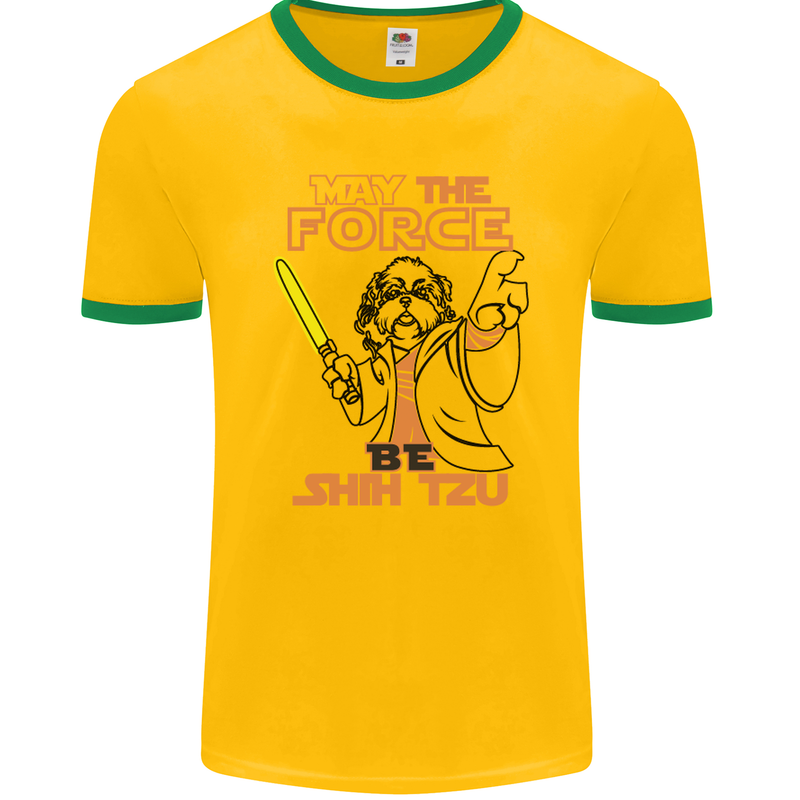 May the Force Be Shih Tzu Dog Funny Mens Ringer T-Shirt FotL Gold/Green