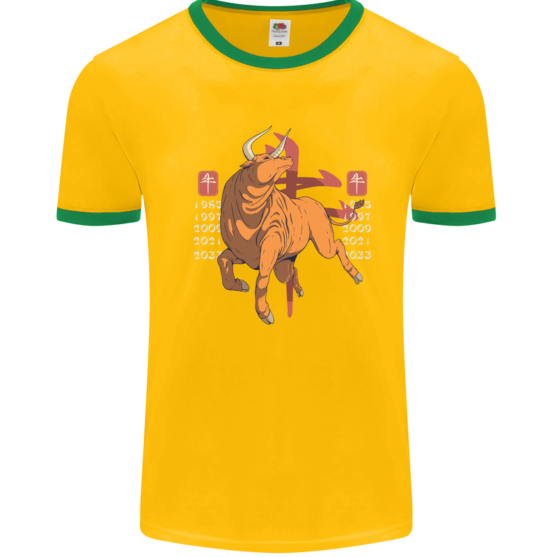 Chinese Zodiac Shengxiao Year of the Ox Mens White Ringer T-Shirt Gold/Green